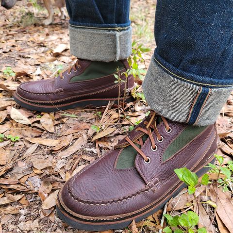 Easymoc Rangeley Boot in Seidel Chocolate Grizzly & Martexin Green Waxed Canvas