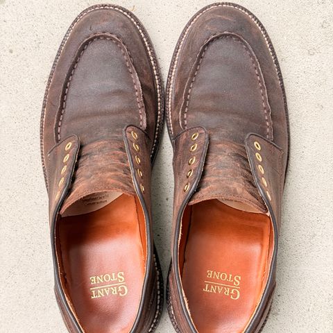 Grant Stone Moc Toe Derby in C.F. Stead Tobacco Waxy Commander Suede