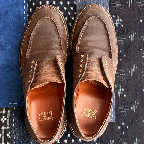 Grant Stone Moc Toe Derby in C.F. Stead Tobacco Waxy Commander Suede