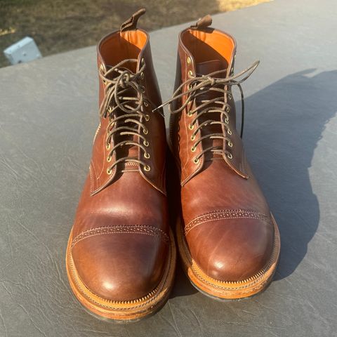 View photo of Viberg Shelby Sharp Brogue Boot in Toscanello Vachetta Lucida Horsebutt Leather