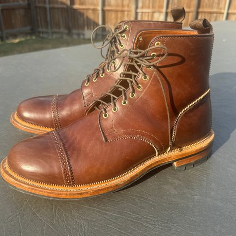 View photo of Viberg Shelby Sharp Brogue Boot in Toscanello Vachetta Lucida Horsebutt Leather