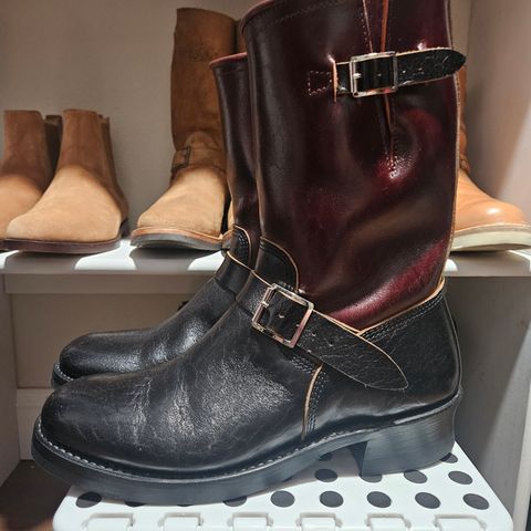 John Lofgren Wabash Engineer Boots in Shinki Black Teacore Horsebutt & Shinki Burgundy Oiled Horsebutt