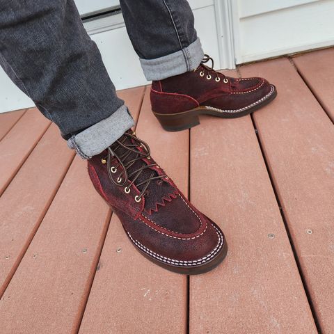 View photo of Nicks Moc Toe in Law Tanning Oxblood Roughout Shruken Bison