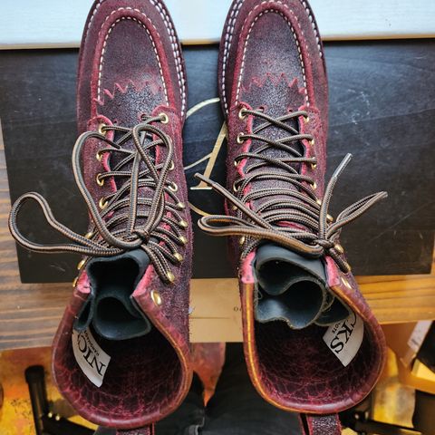 View photo of Nicks Moc Toe in Law Tanning Oxblood Roughout Shruken Bison