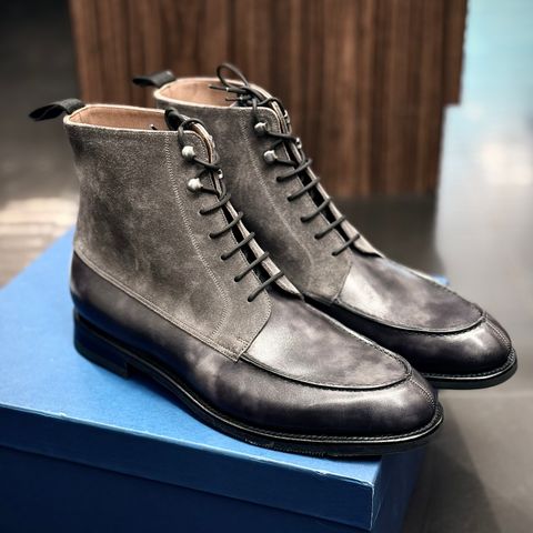 Bridlen Moc Boots in C.F. Stead Fossil Suede & Black Museum Calf