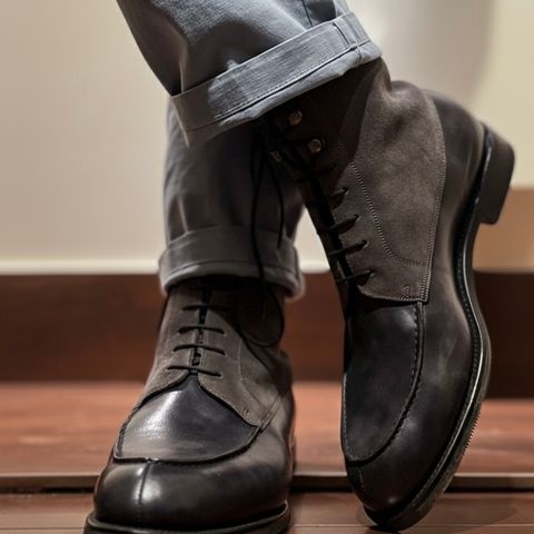 Bridlen Moc Boots in C.F. Stead Fossil Suede & Black Museum Calf