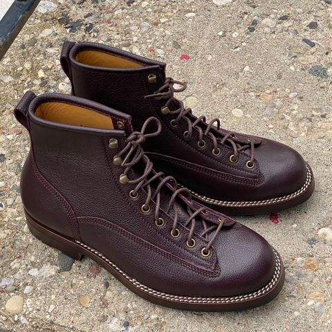 View photo of Caswell Boot Company Carver in Tusting & Burnett Burgundy Bookbinding Goat