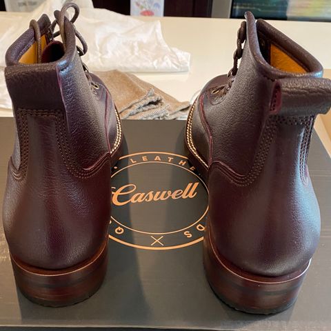 View photo of Caswell Boot Company Carver in Tusting & Burnett Burgundy Bookbinding Goat