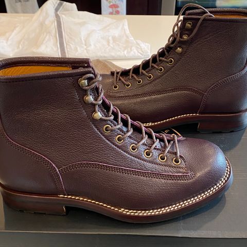 View photo of Caswell Boot Company Carver in Tusting & Burnett Burgundy Bookbinding Goat