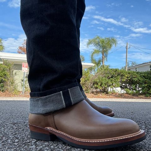 View photo of The Flat Head Engineer Boots in Horween Natural Chromexcel