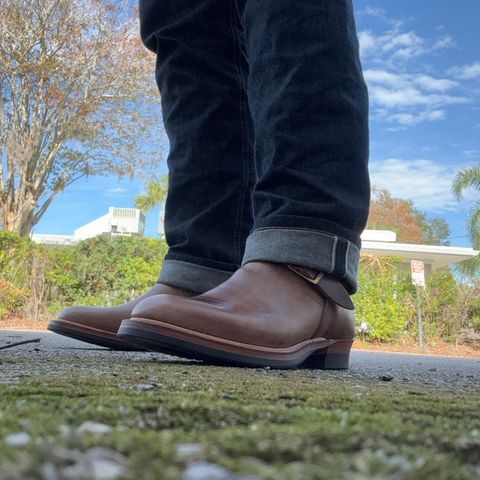 View photo of The Flat Head Engineer Boots in Horween Natural Chromexcel