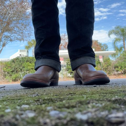 View photo of The Flat Head Engineer Boots in Horween Natural Chromexcel