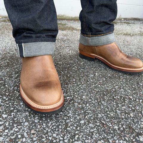 View photo of The Flat Head Engineer Boots in Horween Natural Chromexcel