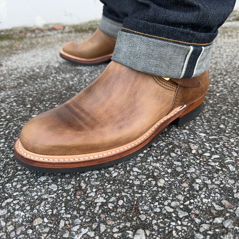 View photo of The Flat Head Engineer Boots in Horween Natural Chromexcel