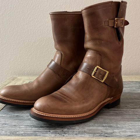 View photo of The Flat Head Engineer Boots in Horween Natural Chromexcel