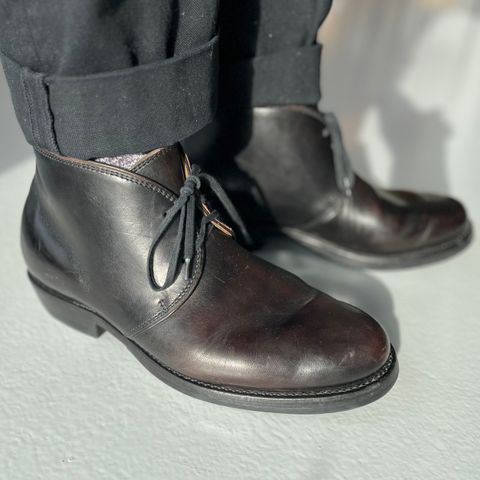 Flame Panda Chukkas in Maryam Natural Horsebutt Overdyed Brown then Black