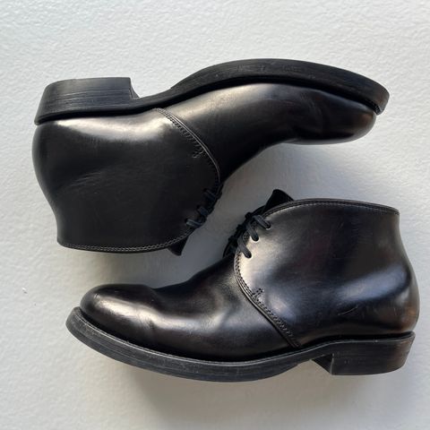 Flame Panda Chukkas in Maryam Natural Horsebutt Overdyed Brown then Black