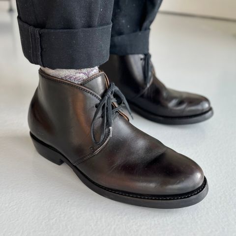 Flame Panda Chukkas in Maryam Natural Horsebutt Overdyed Brown then Black