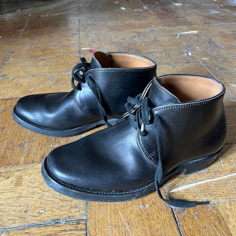 Flame Panda Chukkas in Maryam Natural Horsebutt Overdyed Brown then Black