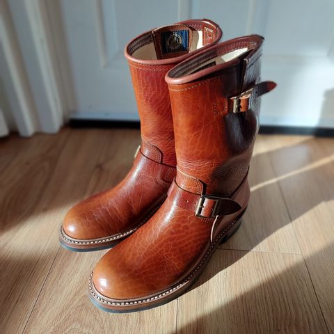 View photo of John Lofgren Wabash Engineer Boots in Shinki Dark Cherry Oiled Horsebutt