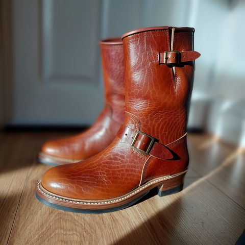 View photo of John Lofgren Wabash Engineer Boots in Shinki Dark Cherry Oiled Horsebutt