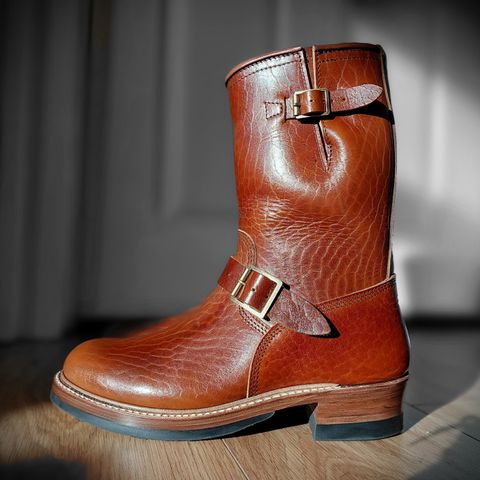 View photo of John Lofgren Wabash Engineer Boots in Shinki Dark Cherry Oiled Horsebutt