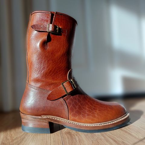 View photo of John Lofgren Wabash Engineer Boots in Shinki Dark Cherry Oiled Horsebutt