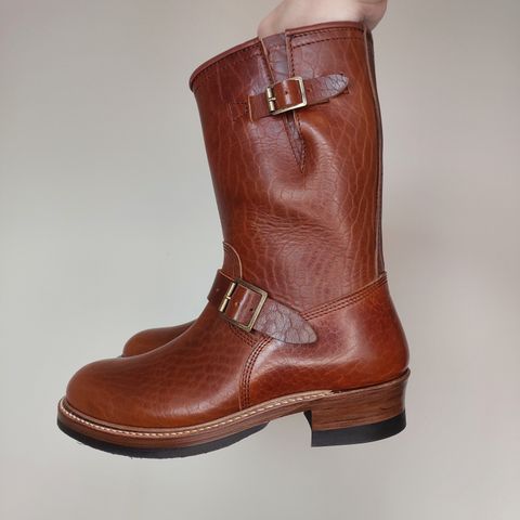 View photo of John Lofgren Wabash Engineer Boots in Shinki Dark Cherry Oiled Horsebutt