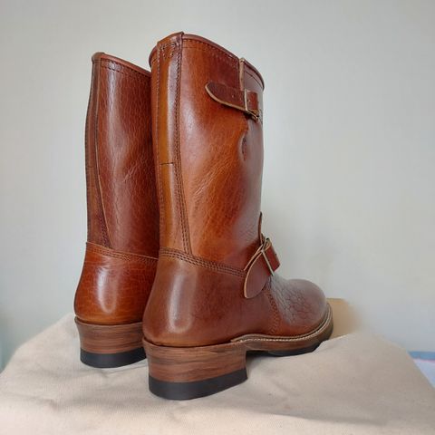 View photo of John Lofgren Wabash Engineer Boots in Shinki Dark Cherry Oiled Horsebutt