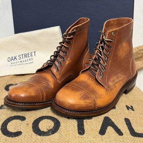 View photo of Oak Street Bootmakers Cap Toe Trench Boot in Tempesti Brown Overdye Camello Asportabile