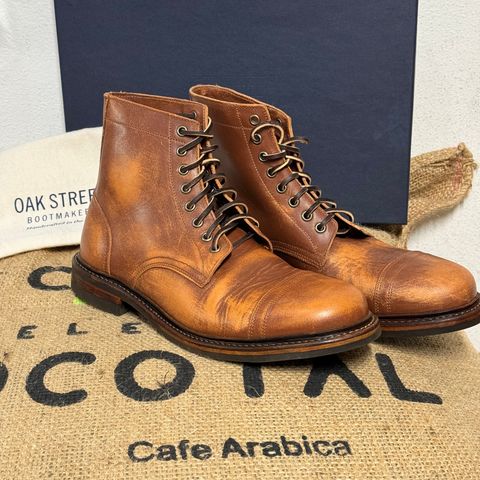 View photo of Oak Street Bootmakers Cap Toe Trench Boot in Tempesti Brown Overdye Camello Asportabile