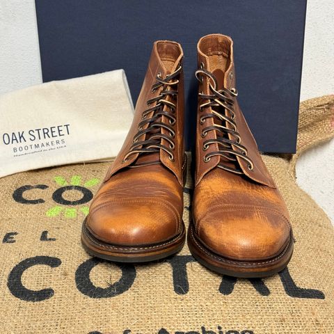 View photo of Oak Street Bootmakers Cap Toe Trench Boot in Tempesti Brown Overdye Camello Asportabile