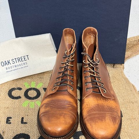 View photo of Oak Street Bootmakers Cap Toe Trench Boot in Tempesti Brown Overdye Camello Asportabile