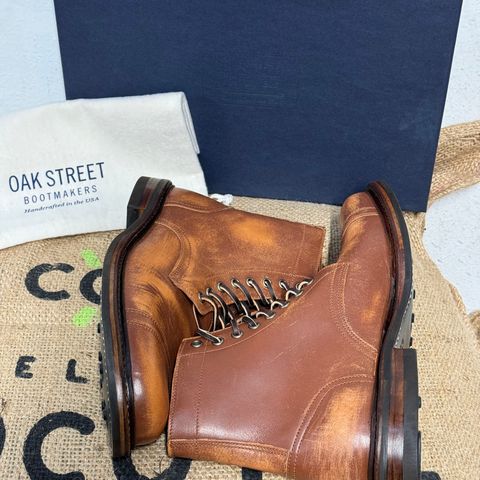 View photo of Oak Street Bootmakers Cap Toe Trench Boot in Tempesti Brown Overdye Camello Asportabile