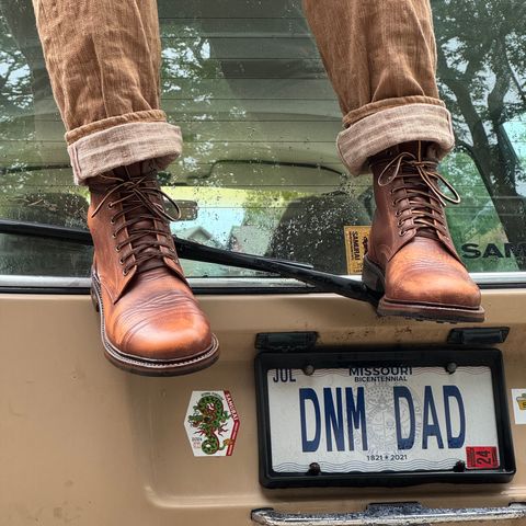 View photo of Oak Street Bootmakers Cap Toe Trench Boot in Tempesti Brown Overdye Camello Asportabile