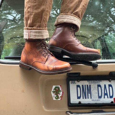 View photo of Oak Street Bootmakers Cap Toe Trench Boot in Tempesti Brown Overdye Camello Asportabile