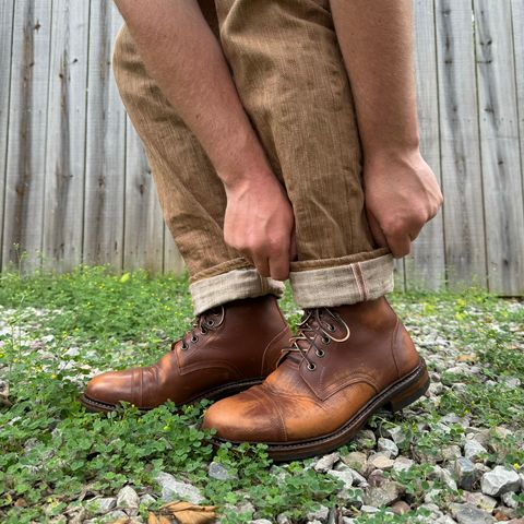 View photo of Oak Street Bootmakers Cap Toe Trench Boot in Tempesti Brown Overdye Camello Asportabile