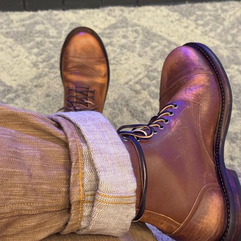 View photo of Oak Street Bootmakers Cap Toe Trench Boot in Tempesti Brown Overdye Camello Asportabile