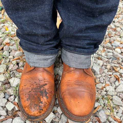 View photo of Oak Street Bootmakers Cap Toe Trench Boot in Tempesti Brown Overdye Camello Asportabile