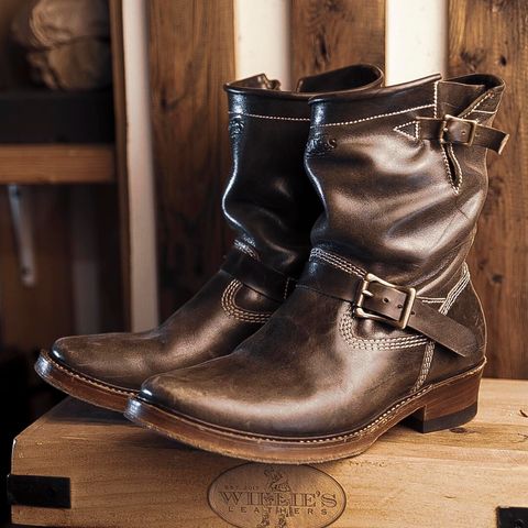 View photo of Willie's Handmade Boots Engineer Boots in Maryam Graphite Horsebutt