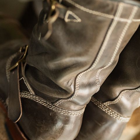 View photo of Willie's Handmade Boots Engineer Boots in Maryam Graphite Horsebutt