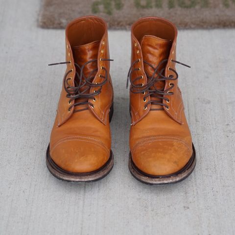 View photo of Viberg Shelby Sharp Brogue Boot in Shinki Tan Latigo Horsehide