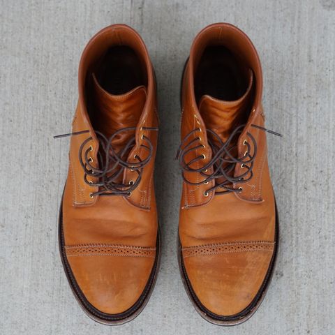 View photo of Viberg Shelby Sharp Brogue Boot in Shinki Tan Latigo Horsehide