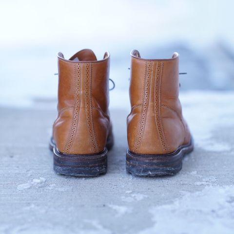 View photo of Viberg Shelby Sharp Brogue Boot in Shinki Tan Latigo Horsehide