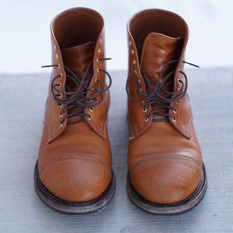 View photo of Viberg Shelby Sharp Brogue Boot in Shinki Tan Latigo Horsehide