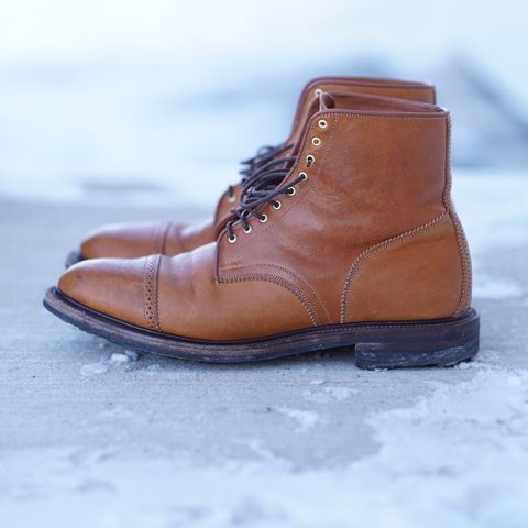 View photo of Viberg Shelby Sharp Brogue Boot in Shinki Tan Latigo Horsehide