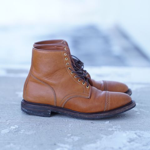 View photo of Viberg Shelby Sharp Brogue Boot in Shinki Tan Latigo Horsehide