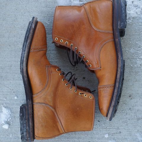 View photo of Viberg Shelby Sharp Brogue Boot in Shinki Tan Latigo Horsehide