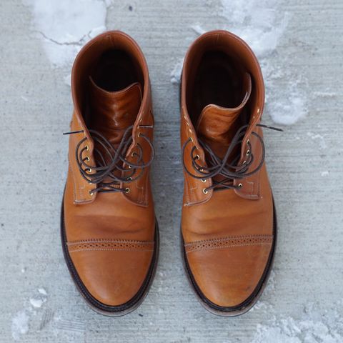 View photo of Viberg Shelby Sharp Brogue Boot in Shinki Tan Latigo Horsehide