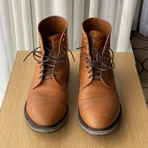 View photo of Viberg Shelby Sharp Brogue Boot in Shinki Tan Latigo Horsehide